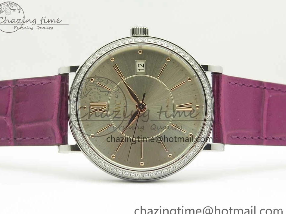 MIROTIME 0113 Portofino IW458101 Diamond Bezel SS MK 1:1 Best Edition Silver Dial On Purple Leather Strap MIYOTA Tailored 7166